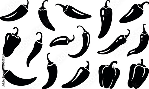 Black and white silhouette pattern of assorted hot chili peppers