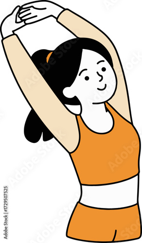 Vector art of a woman in sportswear is stretching her arms above her head, she has black hair and is wearing an orange top and shorts, perfect for a fitness or wellness concept illustration