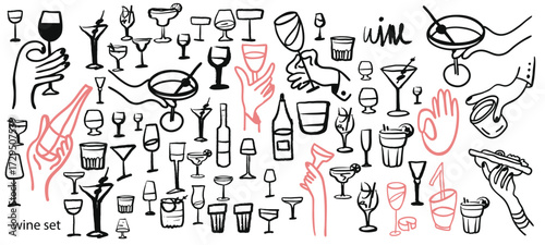 Isolated vector set of wine and alcoholic beverage glasses and tumblers. Hand drawn sketch.Red and black drawing on white background.Cocktails, martini, whiskey, cognac, vodka, gin tonic, beer, brandy