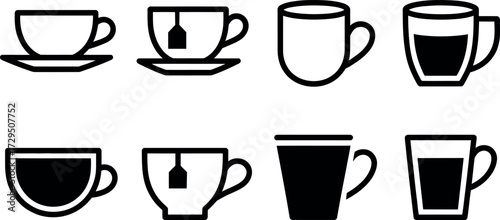 Collection of minimalistic tea coffee cup icons perfect for design projects
