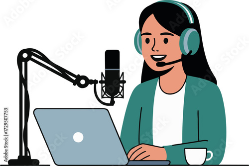 Vector art of a woman sits at a desk, recording a podcast with a microphone and laptop, she is wearing headphones and a green jacket, looking engaged and enthusiastic