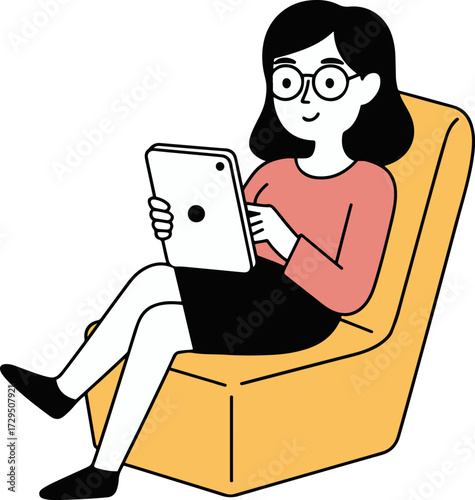 Vector art of a woman with short black hair and glasses sits in a yellow armchair, looking at a tablet in her hands she is wearing a pink shirt and a black skirt, and she is smiling slightly