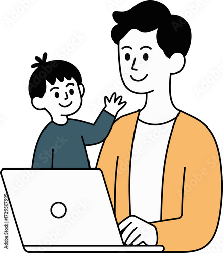 Vector art of a father and son are standing in front of a laptop, smiling the son is reaching out to touch the screen, and the father is looking at him with a smile