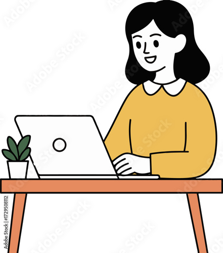 Vector art of a woman is working on her laptop at a desk with a plant, she is wearing a yellow sweater and looks happy and productive while working from home