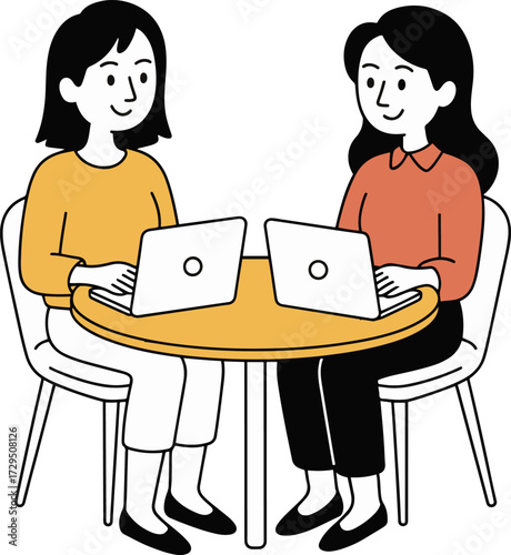 Vector art of two women are working together on their laptops at a round table, they are wearing casual clothes and look like they are collaborating on a project