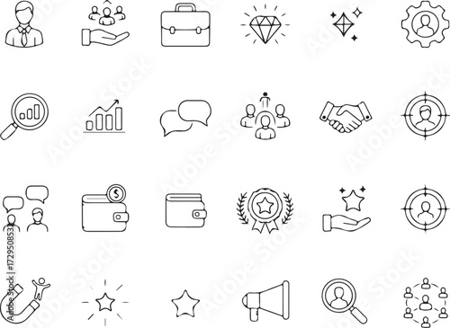 Branding solid line icons collection. Vector illustration of Brand, marketing, product, positioning, employer branding icons.
