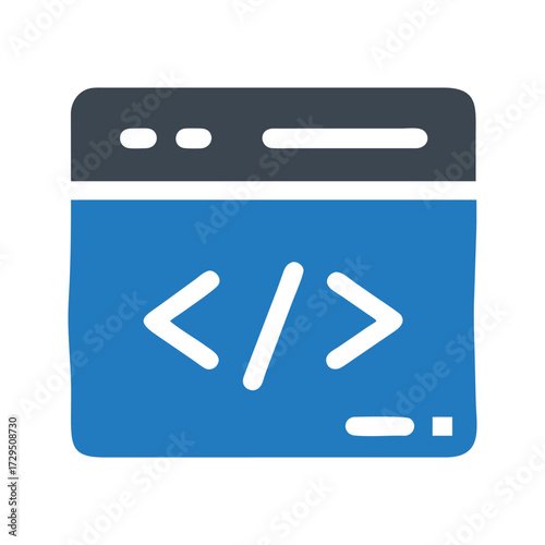 Modern flat icon representing web development and coding with angle brackets on a blue browser window