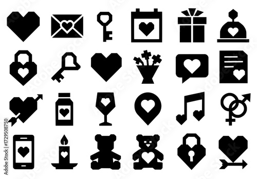 Icon pack, Icon sheet, Valentine theme, silhouette version with straight line style