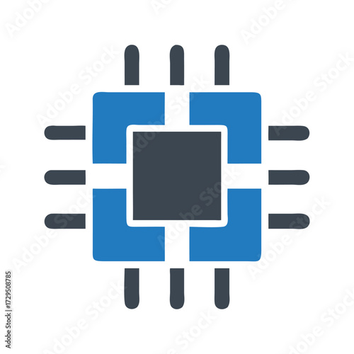 Modern abstract blue and black square microchip processor icon with radiating pins on white background