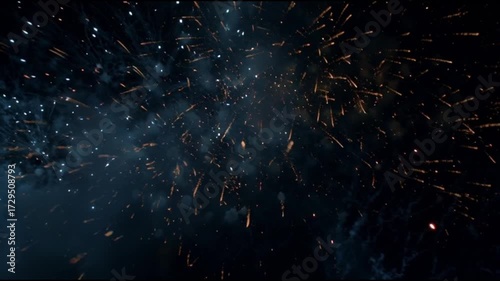 Cinematic fireworks exploding in vibrant colors (gold, blue and red) against the night sky, filmed in slow motion with details of bright sparks.