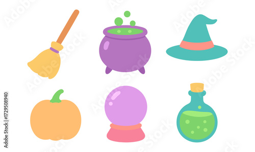 Colorful halloween elements: broom, cauldron, hat, pumpkin, crystal ball, potion