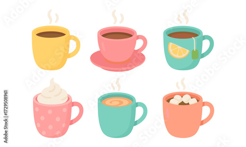 Colorful hot beverage collection with various cups and steaming drinks