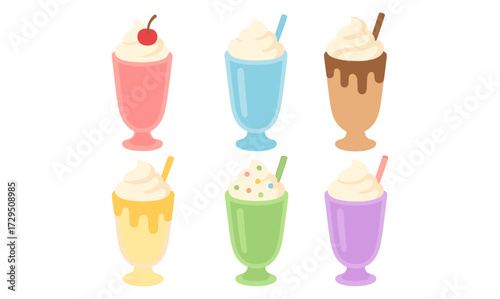 Colorful milkshakes in fun glasses with whipped cream and straws