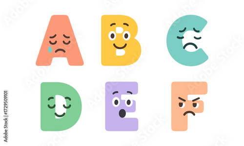 Colorful alphabet characters with expressive faces in a minimalistic flat design