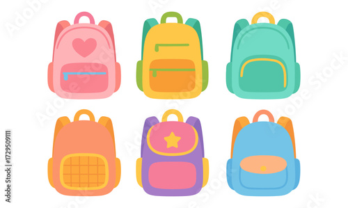 Colorful flat backpacks set with various designs and patterns