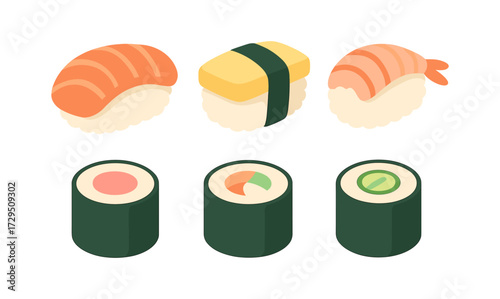 Isometric sushi collection: nigiri and sushi roll variety for japanese cuisine designs