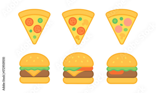 Colorful flat icons of pizza slices and hamburgers in classic fast food design