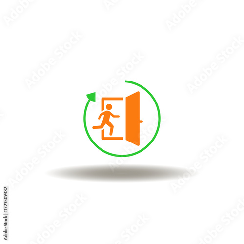 Vector illustration of round arrow and person running to exit door. Symbol of evacuation emergency plan.