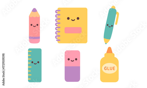 Cute kawaii school supplies with happy faces in a colorful flat design