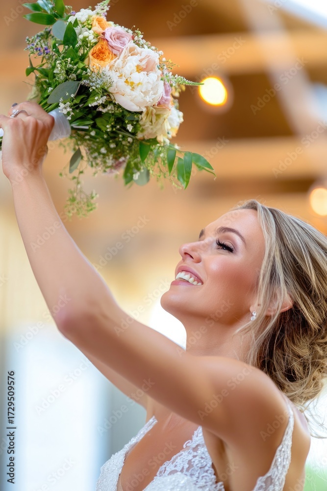 Naklejka premium Joyful caucasian female bride tossing bouquet at wedding celebration