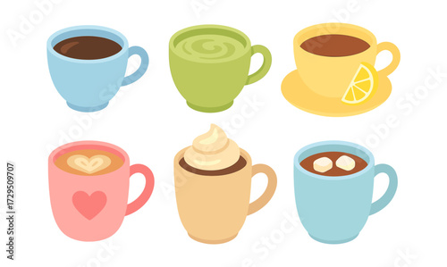 Colorful isometric coffee cups with variety of beverages and toppings