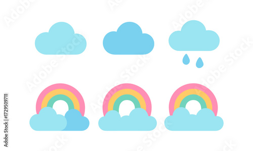 Colorful cloud and rainbow set with raindrops in minimal style