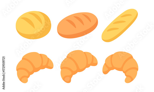 Flat style bakery delights featuring croissants and loaves of bread