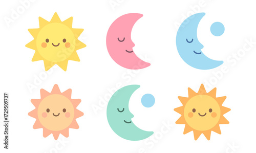 Cute sun and moon faces in pastel colors with smile expressions