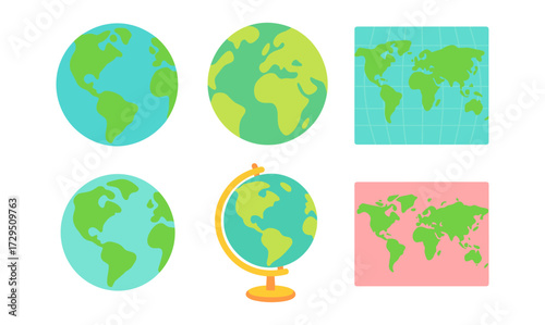 Diverse globe and world map icons for global education and geography design