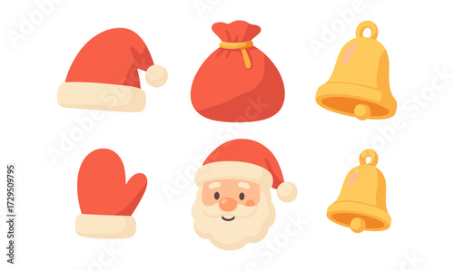 Christmas elements set with santa hat, gift bag, bells, mittens, and santa face in flat style