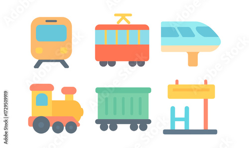 Colorful flat icons of modern and vintage trains for transportation design