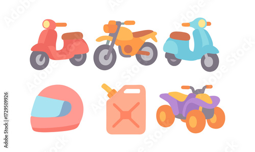 Colorful flat icons of motor scooters, bikes, and gear for transport themes