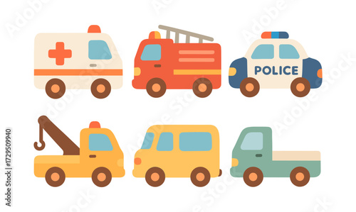 Cute flat style emergency and utility vehicles for kids' designs