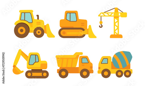 Flat construction vehicles set: bulldozer, crane, excavator, concrete mixer, tractor