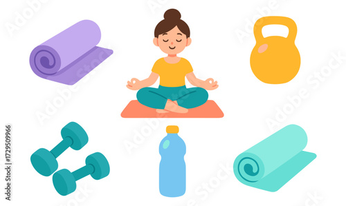 Cute cartoon yoga and fitness elements with meditating character and equipment