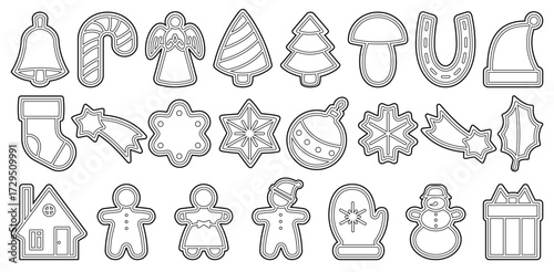Christmas cookie outline vector with bell, candy cane, angel, tree, star, mitten, snowman and more. Black contour design isolated on white background for holiday decor and stock images.
