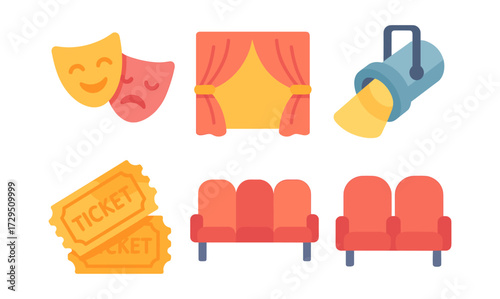 Colorful theater elements: masks, curtains, spotlight, tickets, seating