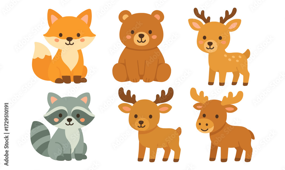 Fototapeta premium Cute woodland animals collection in flat cartoon style