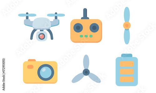 Drone and accessory icons in flat design style for gadgets