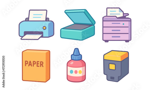 Colorful office equipment set featuring printer, scanner, photocopier, paper, ink bottle, and toner in flat style