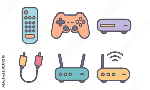 Retro gaming and entertainment devices in pastel colored outline design