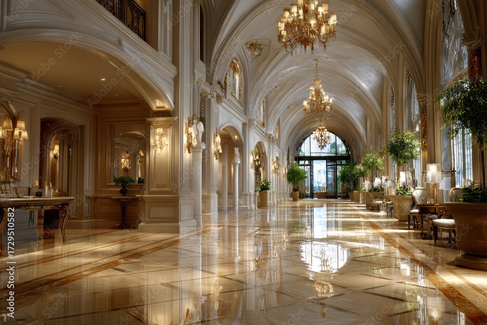 Obraz premium Luxurious Hotel Lobby with Marble Floor and Vaulted Ceiling