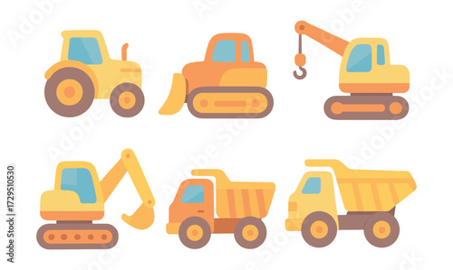 Cute construction vehicles in flat design: digger, crane, bulldozer, dump truck, tractor