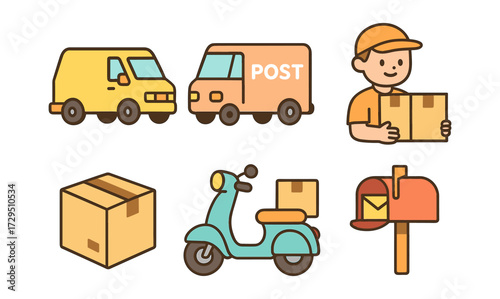 Flat design delivery icons with van, scooter, and mailbox elements