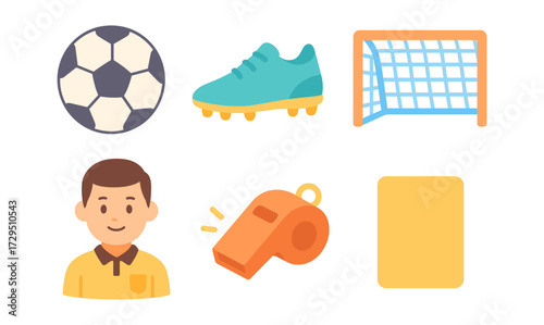 Simple flat design soccer icons set with ball, shoes and goal post