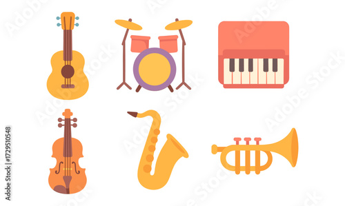 Flat style musical instruments set: guitar, drums, piano, violin, saxophone, trumpet