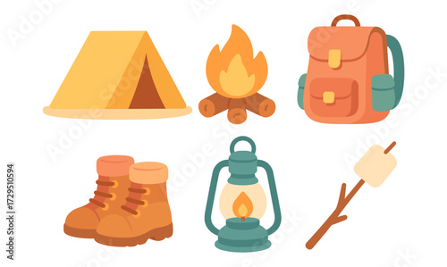 Camping essentials: tent, campfire, backpack, boots, lantern, marshmallow stick graphics
