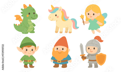 Cute fantasy characters: dragon, unicorn, fairy, elf, dwarf, knight