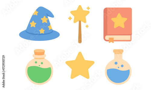 Magic icons set: wizard hat, magic wand, potion bottles, spellbook, star elements