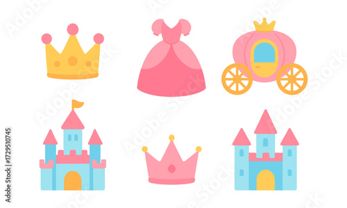 Fairy tale elements: princess icons with crown, dress, carriage, and castle